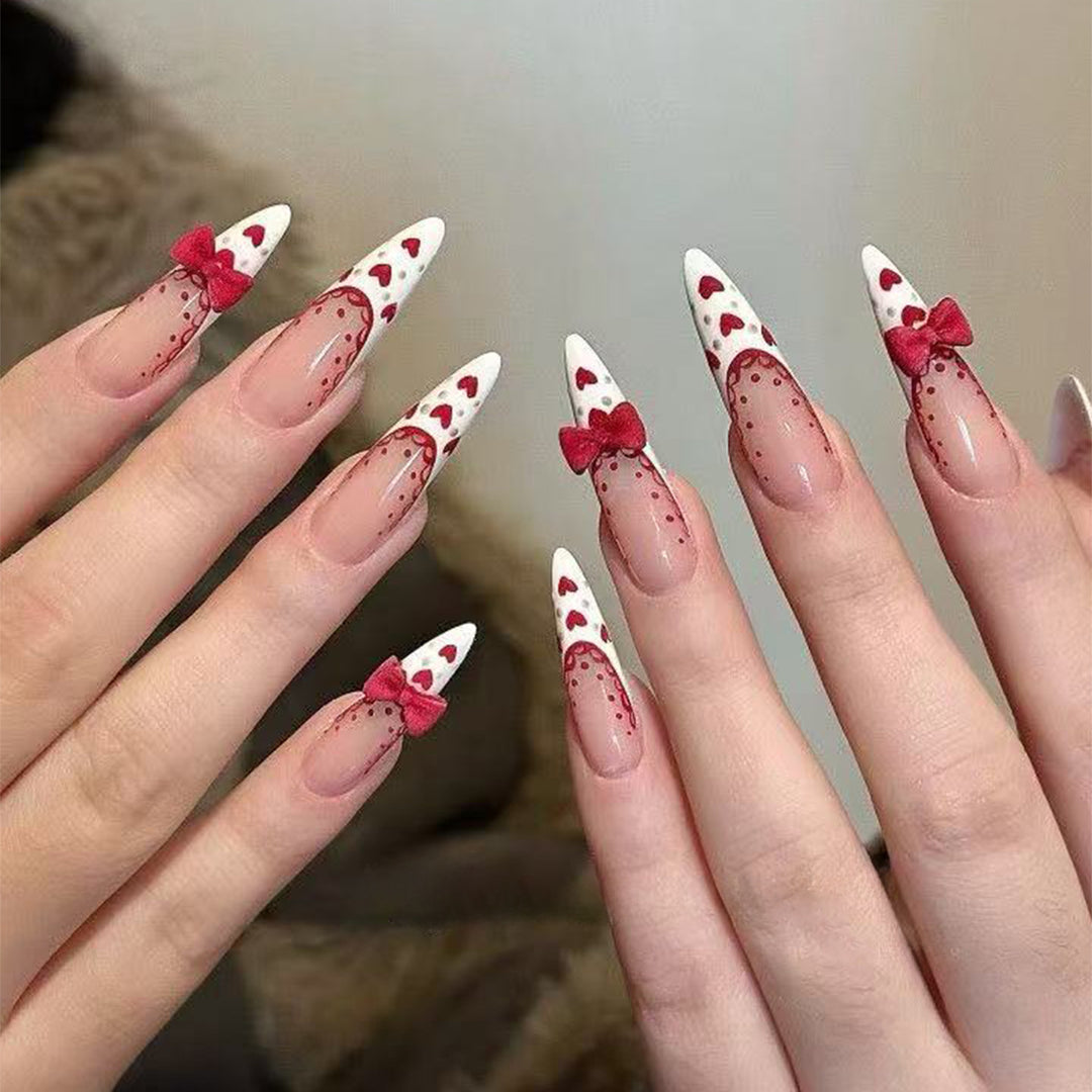 Stiletto Press-On Nail Art Set with Heart and Bow Design Bowlift