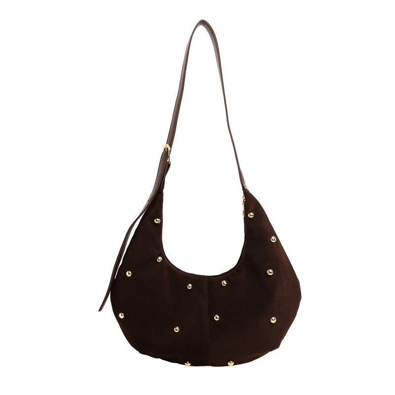 WoTextured Suede Hobo Bag with Decorative Studs Bowlift