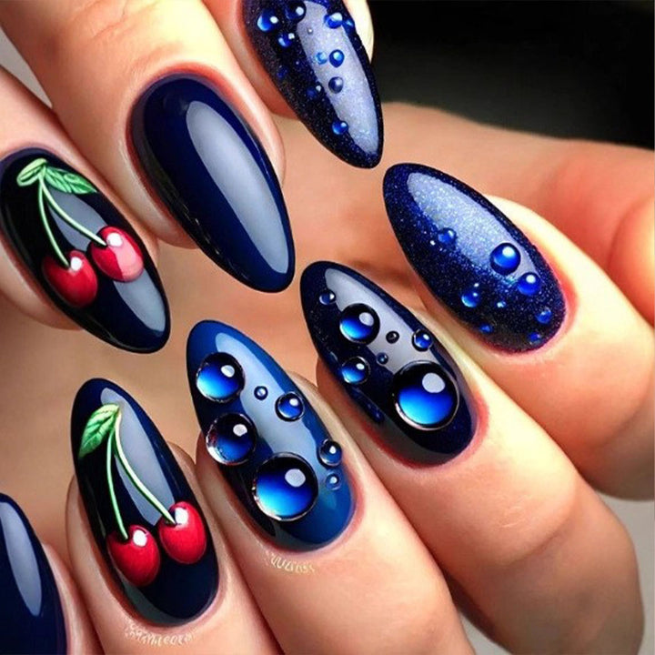 Artistic water droplet and cherry motifs artificial nails Bowlift