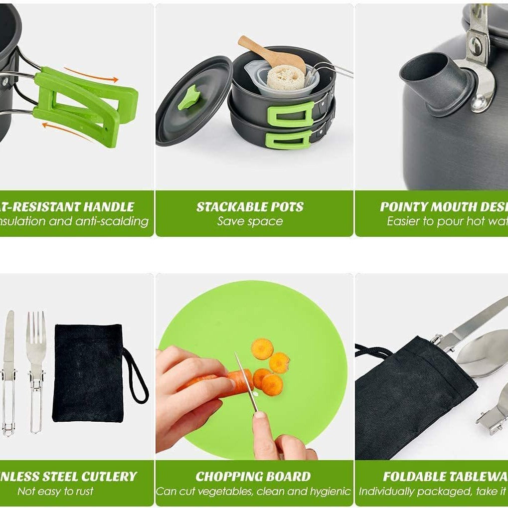 lightweight non-stick camping cookware set with folding handles kettle pot pan utensils and mesh carry bag Bowlift