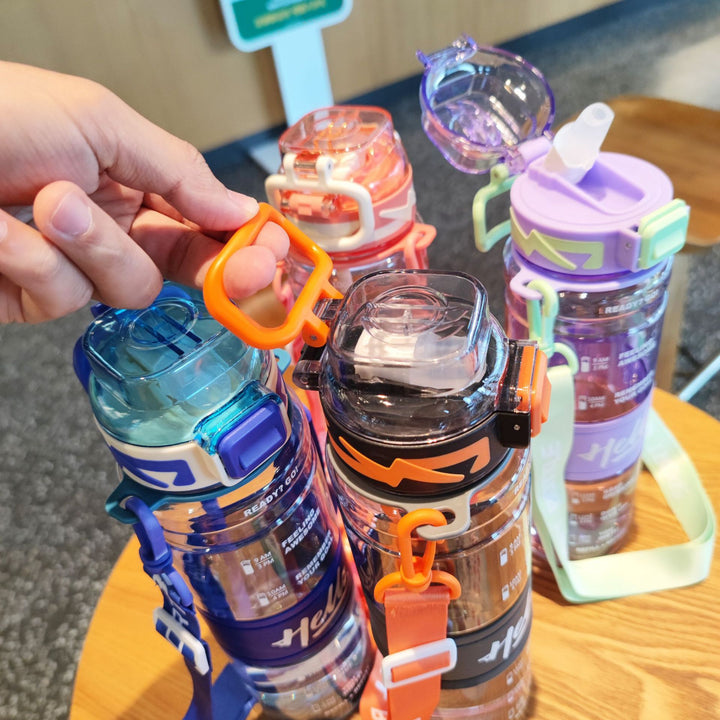 Women's large sports water bottle with motivational time markings Bowlift