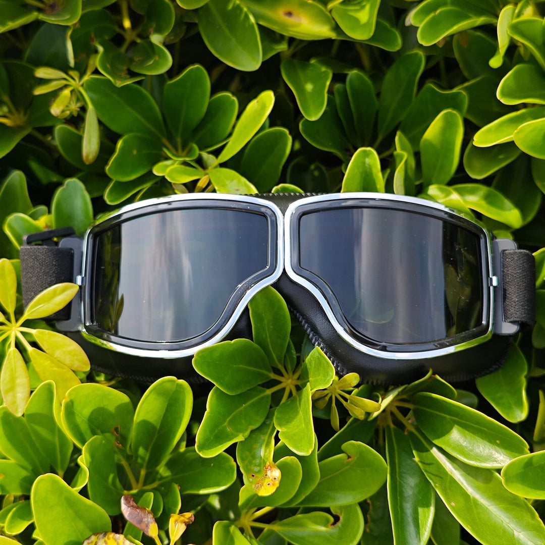 Polarized Mirrored Motorcycle Goggles with Leather Trim and Padded Foam Seal Bowlift