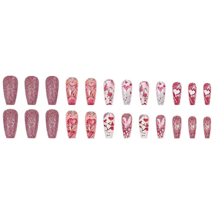 Artificial nail set with romantic heart and flower motifs Bowlift