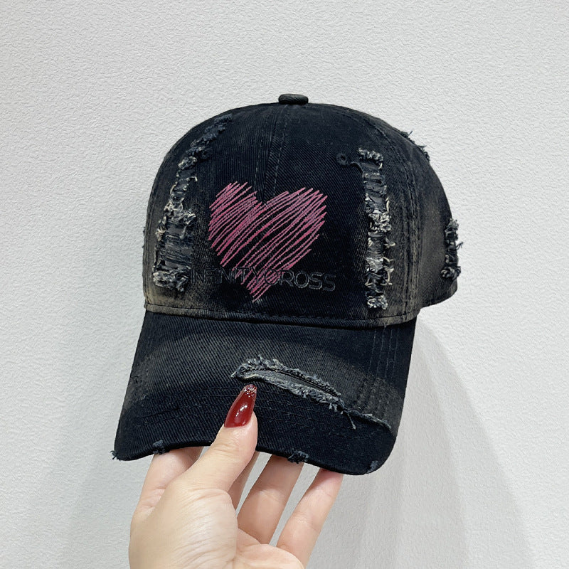 Women's Distressed Heart Embroidered Baseball Cap Bowlift