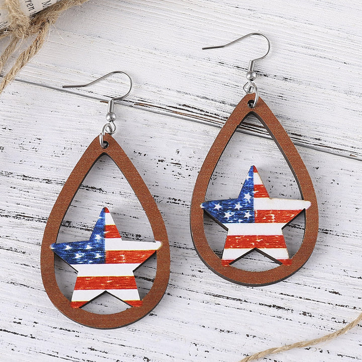 Women's nan patriotic teardrop wooden dangle earrings with star stripe cutout Bowlift