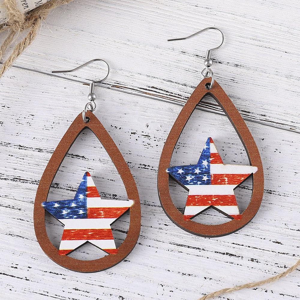 Ladies' nan teardrop-shaped wooden earrings with multi-layer star and stripe appliqué and nickel-free ear hooks Bowlift