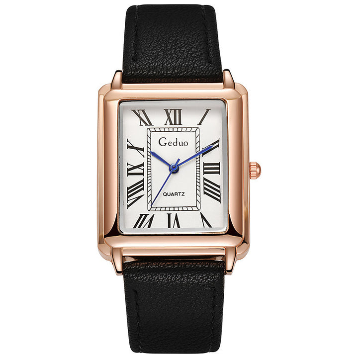 Rectangular Vintage Roman Dial Leather Dress Watch Bowlift
