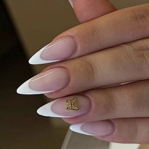 Fashionable Press-On Nail Set with Elegant French Tips and Decorative Accents Bowlift