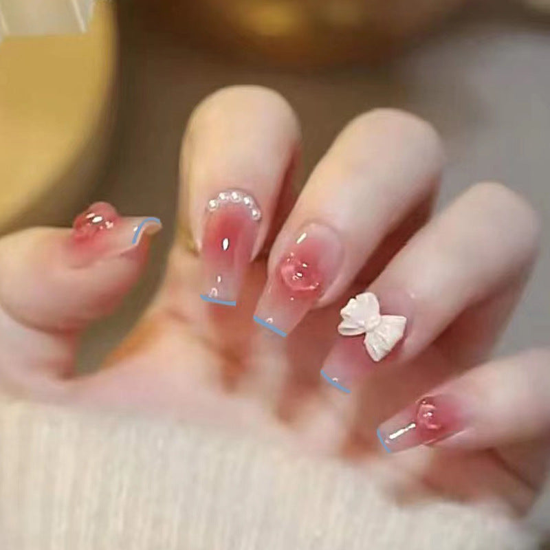Decorative Press-On Nail Set with Bow and Pearls Bowlift