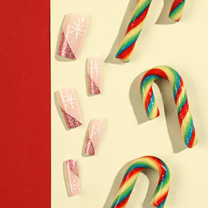 Artful Nail Extensions with Festive Glitter and Snowflake Design Bowlift