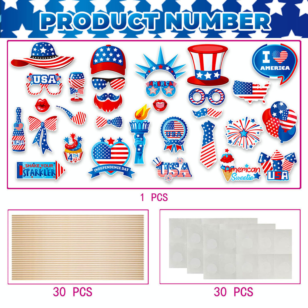 Independence Day Patriotic Photobooth Prop Sticker Kit with Wooden Sticks and Removable Adhesive Dots Bowlift
