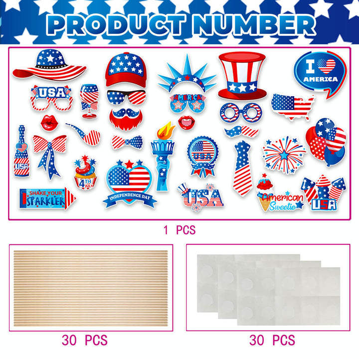Unisex photo props set with self-adhesive USA-themed stickers, wooden sticks, and adhesive pads Bowlift
