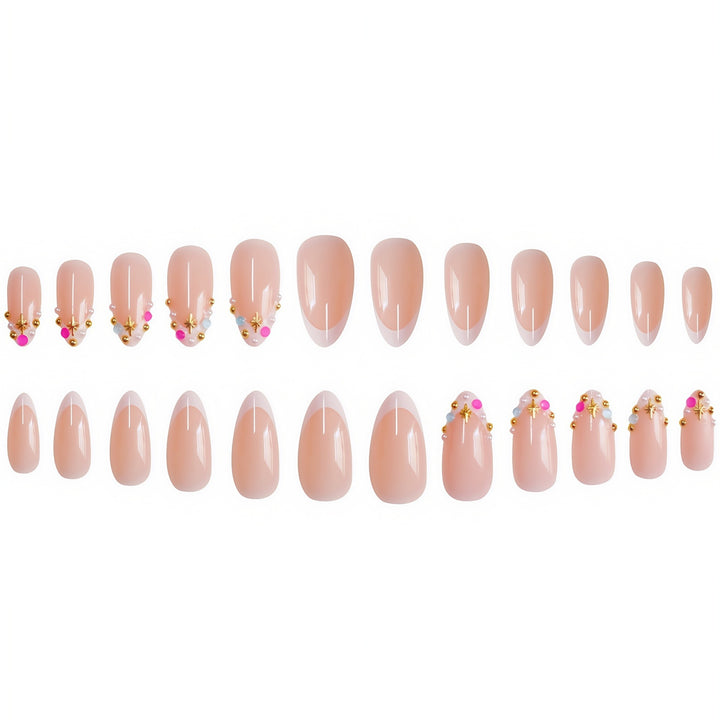 Decorative French Tip Nail Extensions with Gem Accents Bowlift