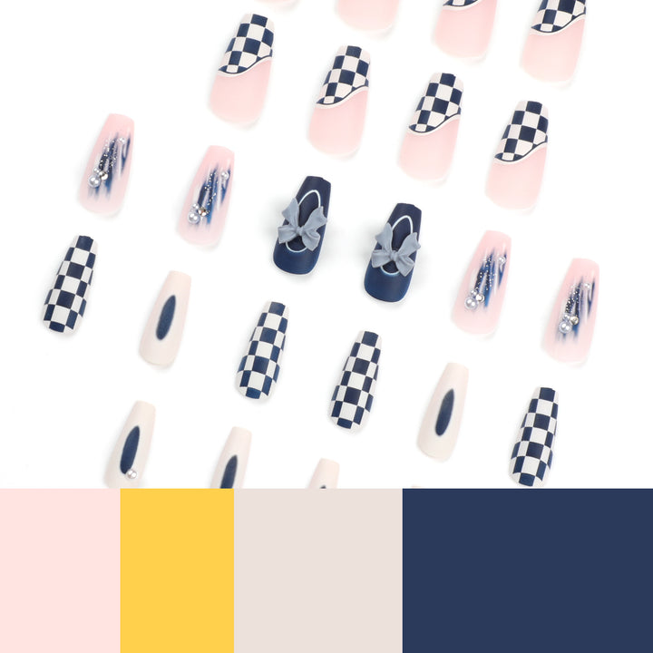Artful nail decoration with bows and plaid pattern Bowlift