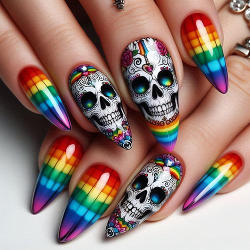 Creative artificial nails with skull design and rainbow colors Bowlift