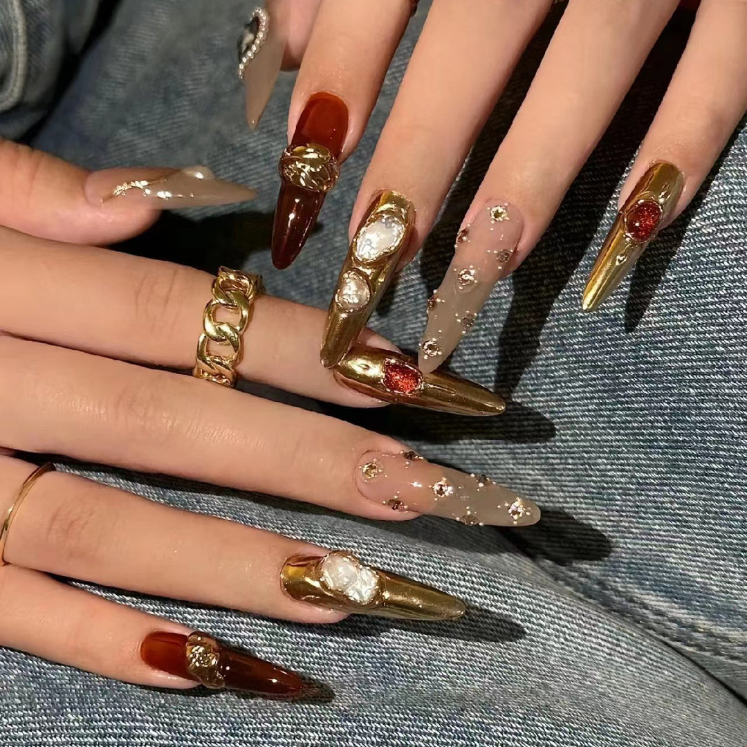 Artistic Press-On Nail Set with Luxury Gemstone Accents Bowlift