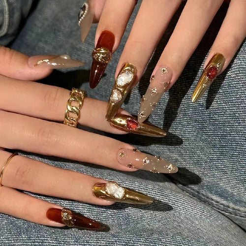 Artistic Press-On Nail Set with Luxury Gemstone Accents Bowlift