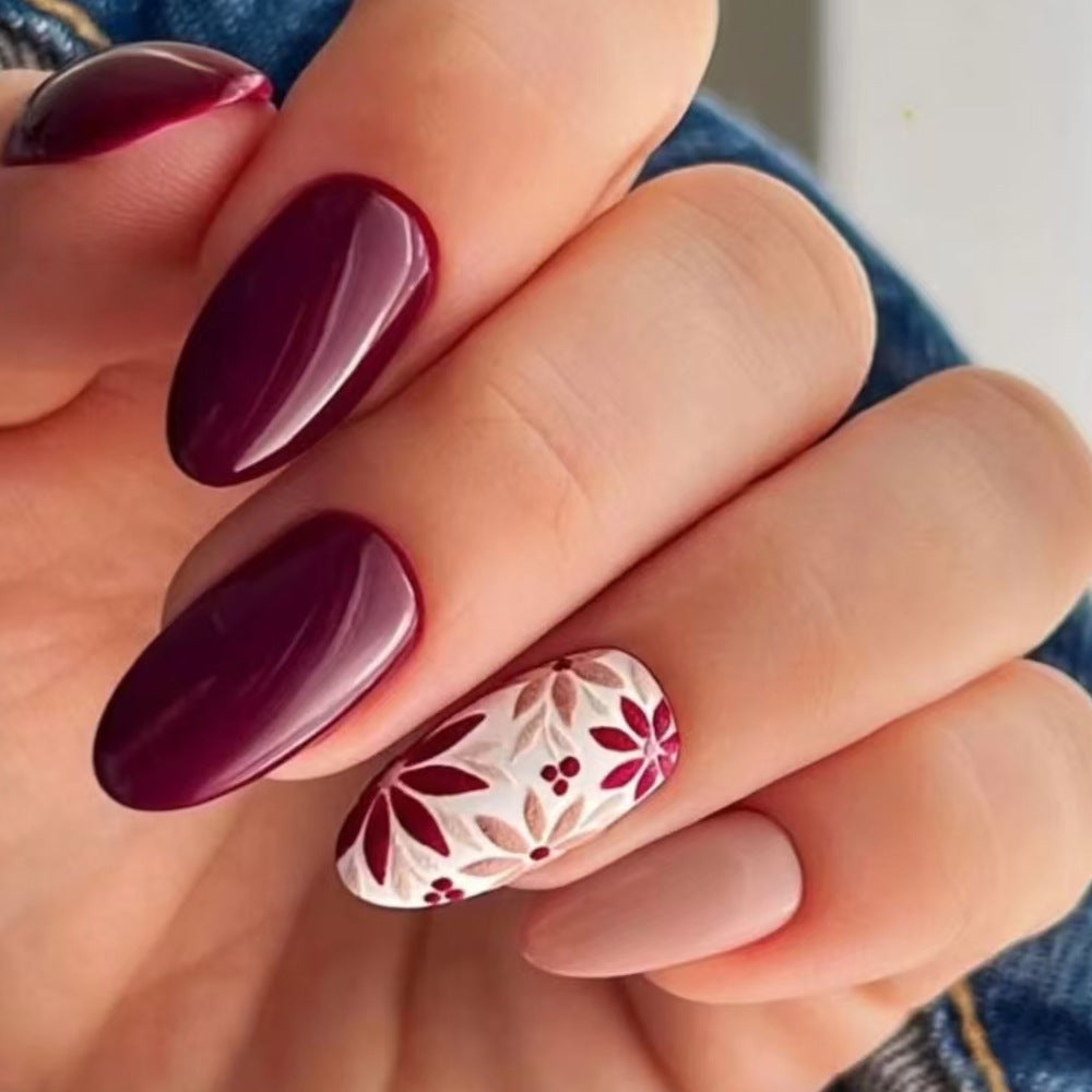 Elegant Floral-Accent Press-On Nails Bowlift