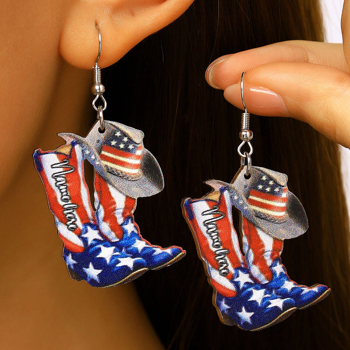 Women's nan patriotic novelty dangle hook earrings with laser-printed wooden fireworks charm Bowlift