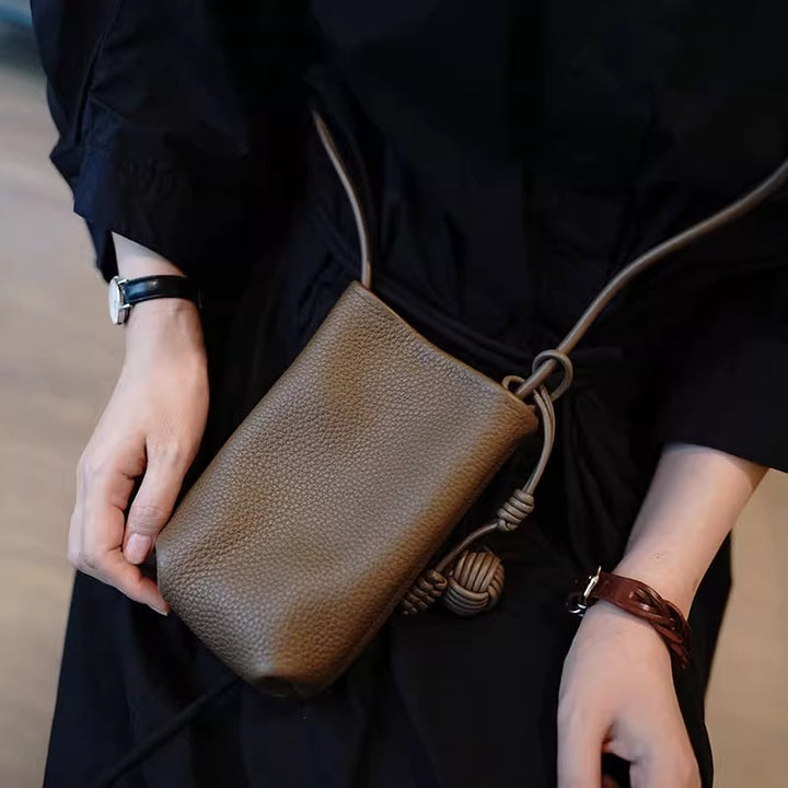 Pebbled Leather Mini Crossbody Phone Pouch with Knotted Strap Bowlift