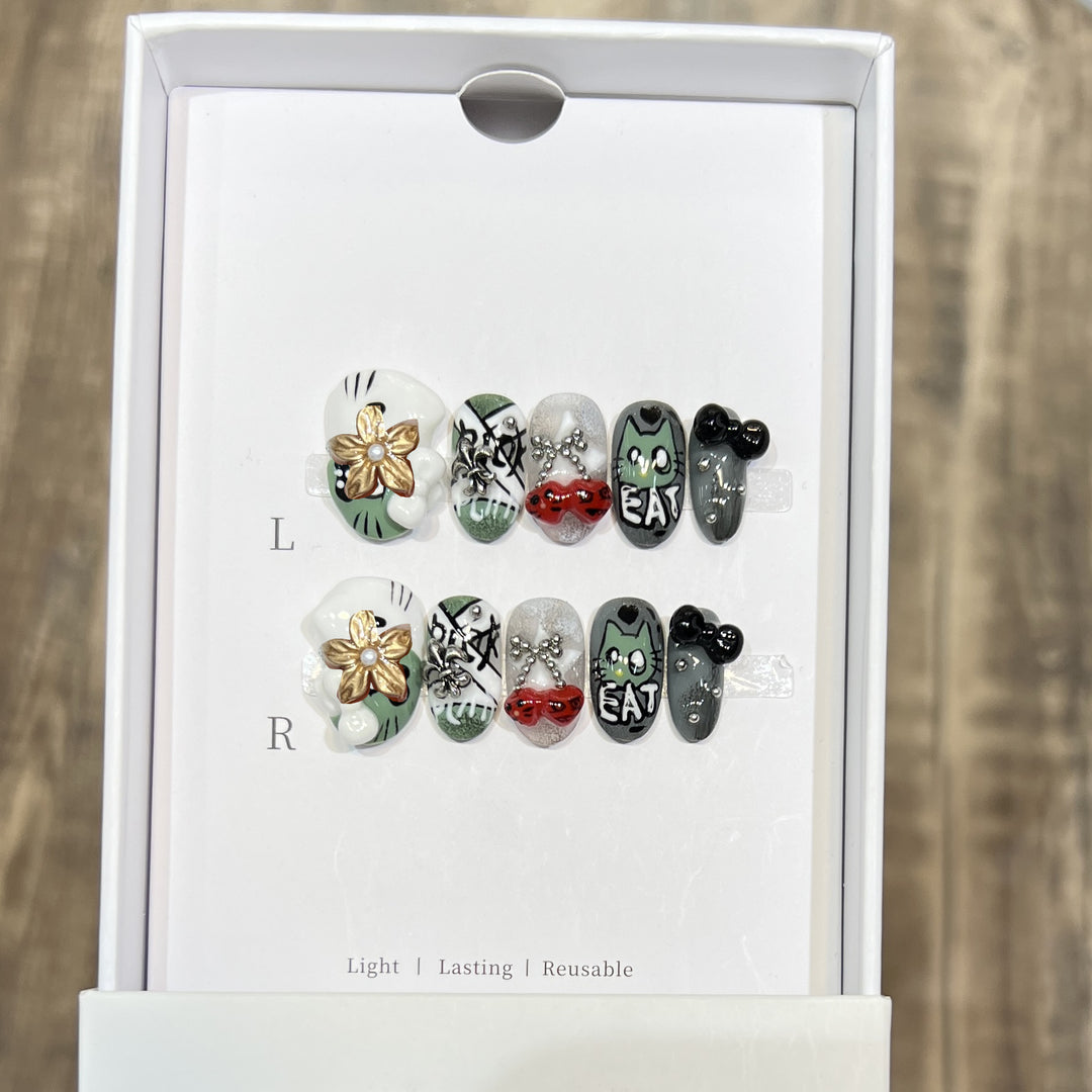 Playful Character Design Press-On Nail Art Set Bowlift
