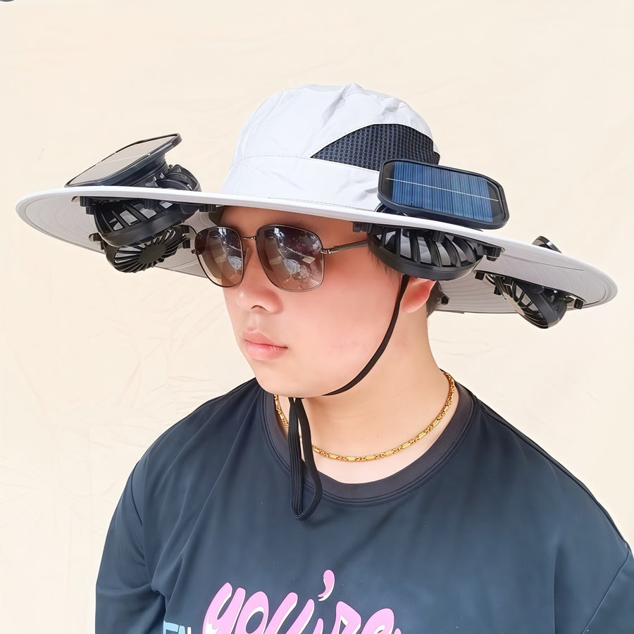 Wide-brimmed sun hat with detachable swivel solar fans and adjustable chin strap Bowlift