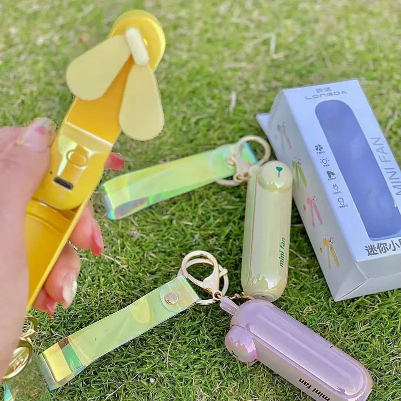 Unisex One Size Rechargeable Keychain Handheld Mini Fan with Wrist Strap and Novel Frog Charm Bowlift