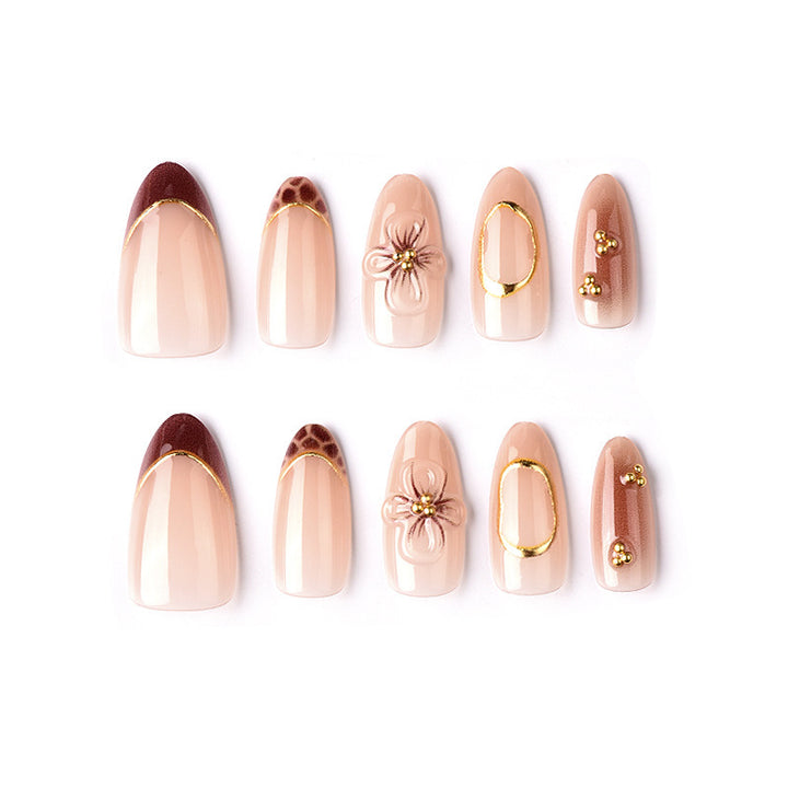 Artificial Nail Set with Floral and Elegant Gold Decorations Bowlift