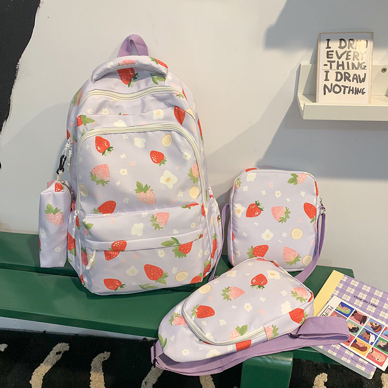 Stylish Strawberry Print Backpack Set