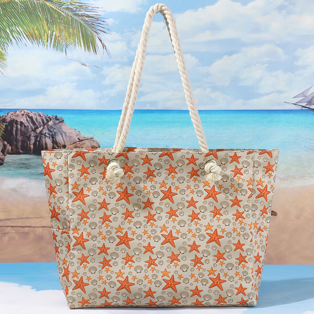 Large Canvas Rope-Handle Beach Tote Bag with Printed Flip-Flop Pattern Bowlift
