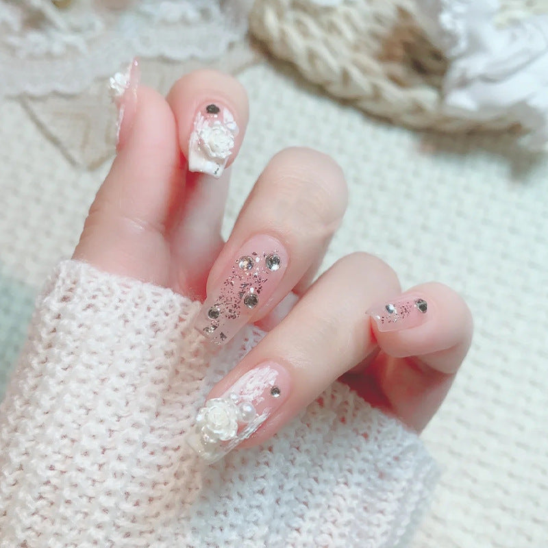 Acrylic nail set with elegant 3D flower and glitter decorations Bowlift