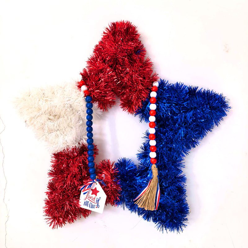 Unisex nan patriotic star door wreath made of artificial tinsel with wooden bead tassel and hanging pendant Bowlift