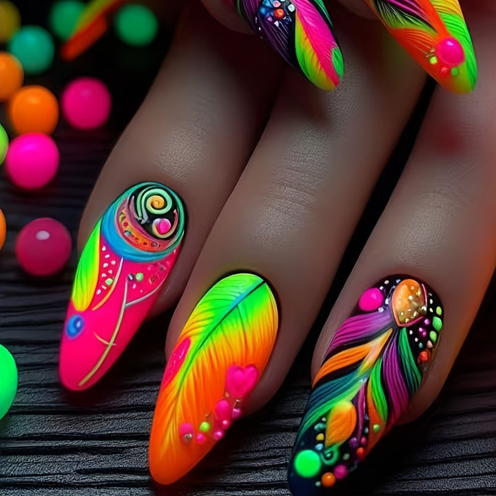 Artistic Neon Feather Nail Art Bowlift