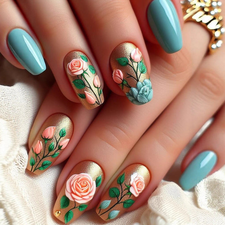 Acrylic nails with romantic floral patterns Bowlift