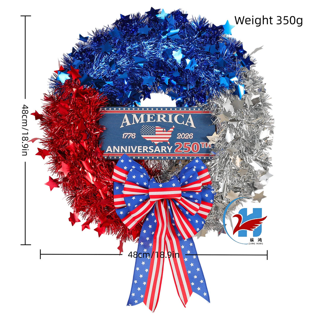 Unisex nan more patriotic door wreath made of tinsel with star embellishments and large bow Bowlift