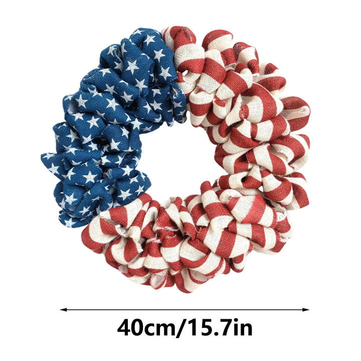 Unisex nan patriotic burlap wreath with ruffled looped design and stars and stripes motif for front door Bowlift