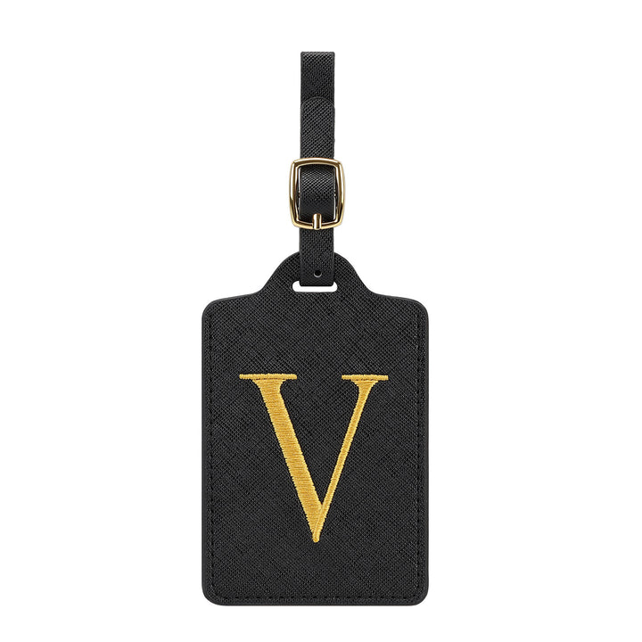 embroidered initial monogram leather luggage tag with adjustable buckle strap Bowlift