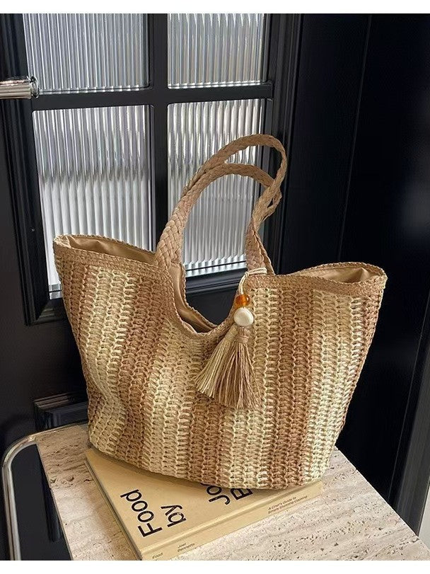 Designer Beach Bag with Textured Weave Bowlift
