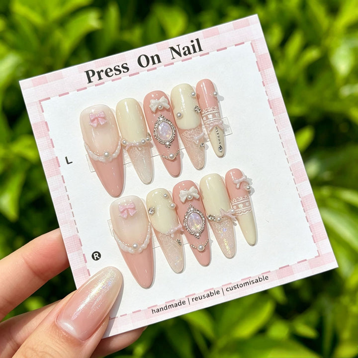 Elegant Handmade Press-On Nails Set with Decorative Accents