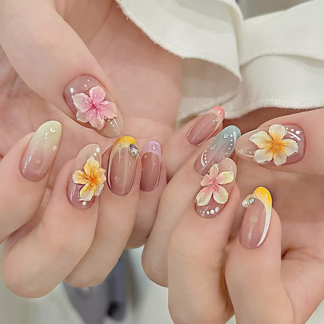 Artistic Press-On Nail Set with Floral and Ombré Designs Bowlift