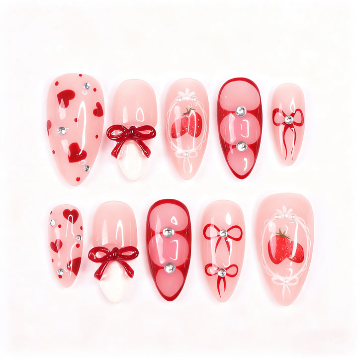 Decorative Strawberry-Themed Press-On Nail Tips Bowlift