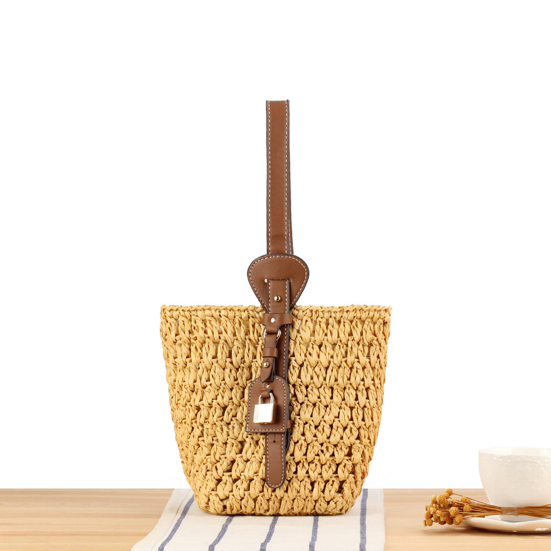 Braided Bast Handbag with Elegant Leather Decoration Bowlift