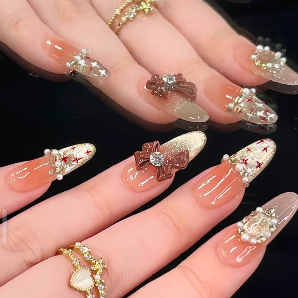 Decorative Bow and Gemstone Press-On Nails Bowlift