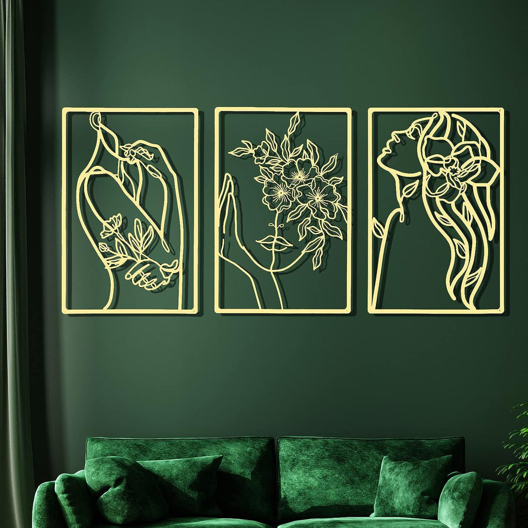 Minimalist Metal Line Art Floral Portrait Triptych Wall Panels Bowlift
