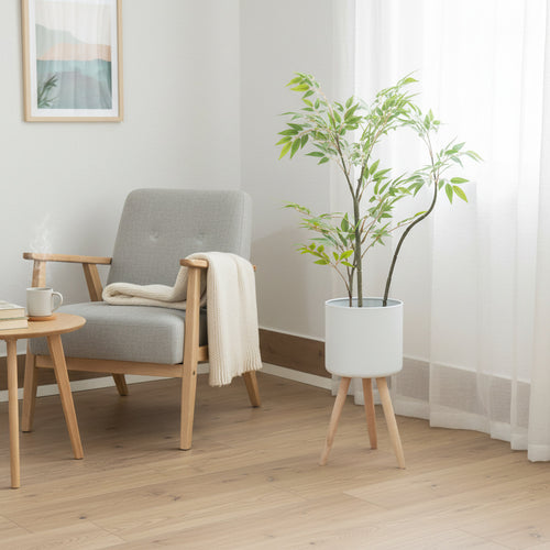 Plant pot with wooden stand