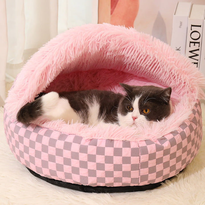 Chequered 2in1 Cat Cave Bed Bowlift