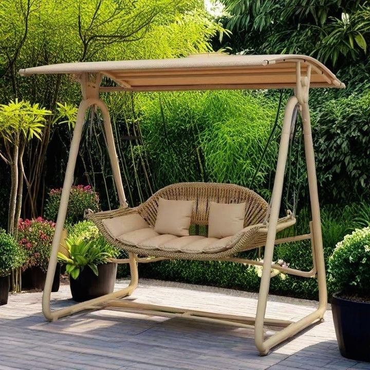 Woven rattan outdoor swing loveseat with padded cushions and powder-coated steel frame Bowlift