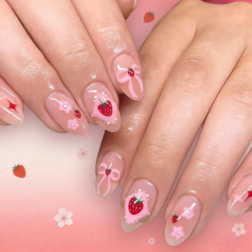 Strawberry-Themed Artistic Press-On Nails Bowlift