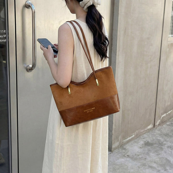 WoStylish Suede and Leather Shoulder Tote Bag Bowlift