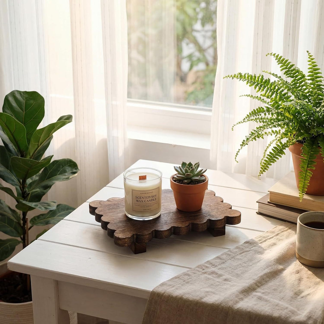 Scalloped reclaimed wood display pedestal for candles and succulents Bowlift